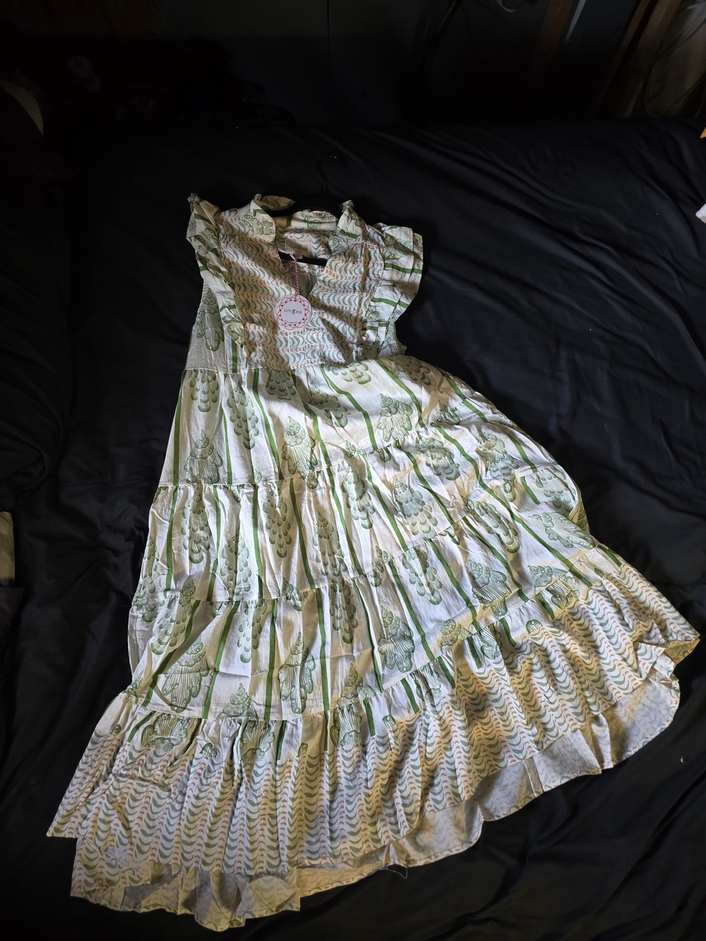 Umgee White Dress with Green and Tan Botanical Print